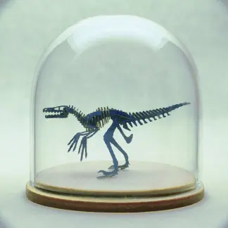 Blue Velociraptor skeleton in glass display dome