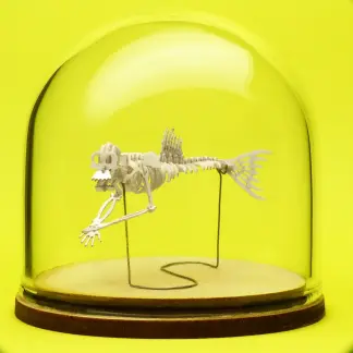 Fiji Mermaid miniature skeleton model in hand-blown glass display dome by Tinysaur.us