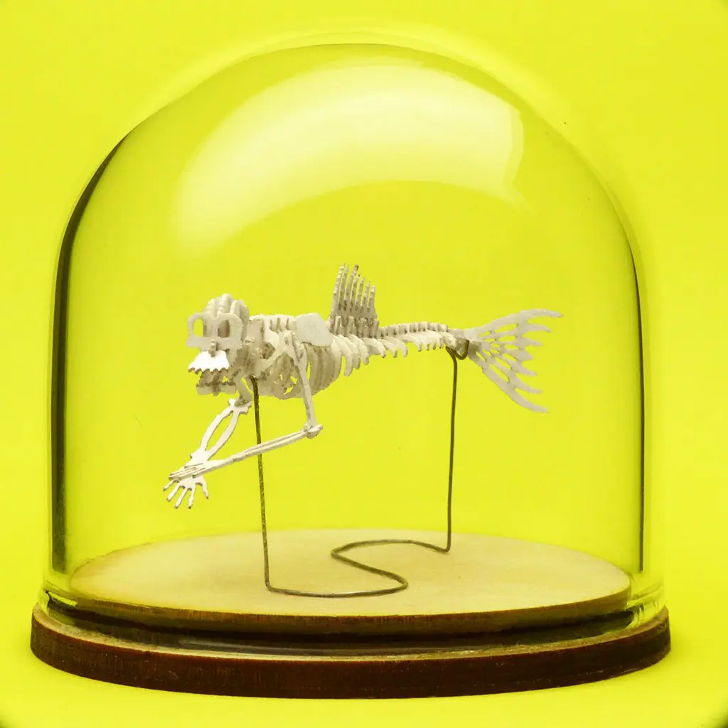 Fiji Mermaid miniature skeleton model in hand-blown glass display dome by Tinysaur.us