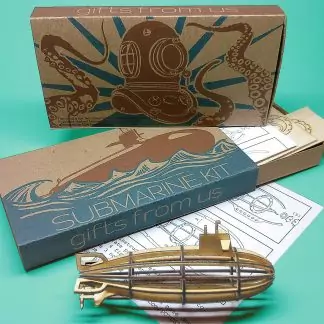Medium-sized Submarine Wood Model Kit with laser-cut parts, instructions, and retro packaging by POTUS31.com