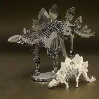 Assembled Metal Earth Stegosaurus kit with Tinysaur Stegosaurus for scale