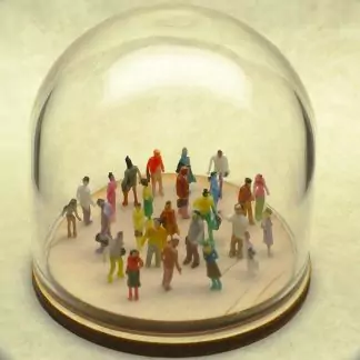 Tiny hand-painted people in a glass dome