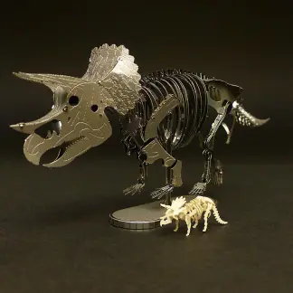 Assembled Metal Earth Triceratops kit with Tinysaur Triceratops miniature skeleton model for scale