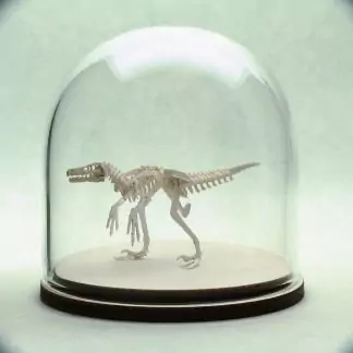 White Velociraptor skeleton in glass display dome