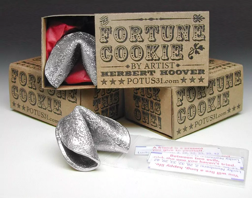 Life-sized Fortune Cookie cast in pewter in a retro styled gift box with multiple fortunes by POTUS31.com