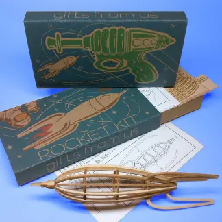 Medium-sized Rocket Wood Model Kit with laser-cut parts, instructions, and retro packaging by POTUS31.com