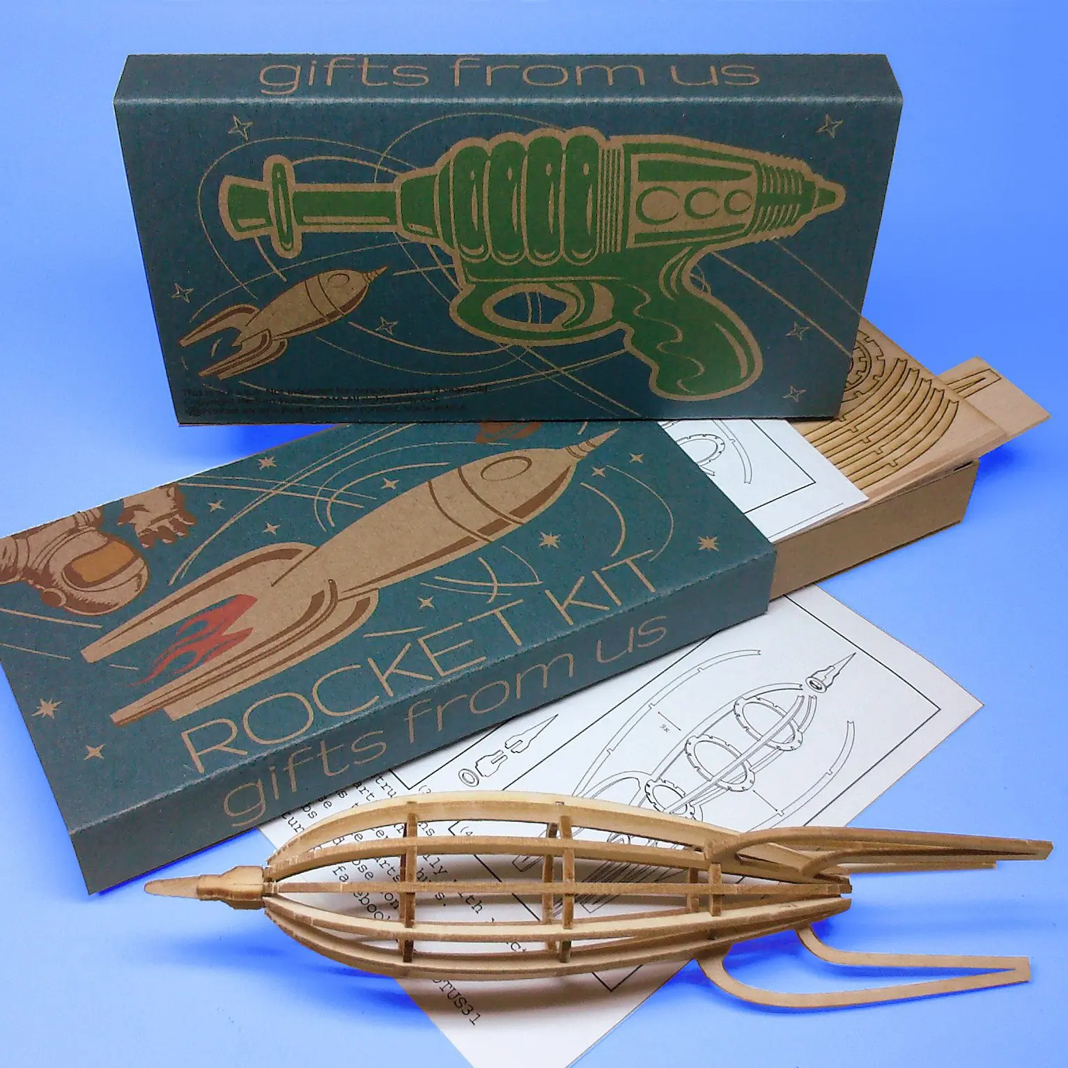 Medium-sized Rocket Wood Model Kit with laser-cut parts, instructions, and retro packaging by POTUS31.com
