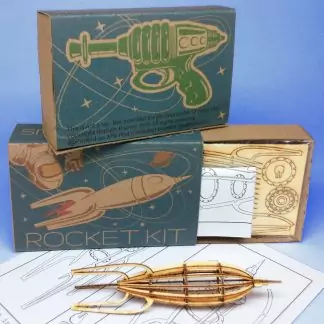 Miniature-sized Rocket Wood Model Kit with laser-cut parts, instructions, and retro packaging