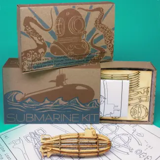 Miniature-sized Submarine Wood Model Kit with laser-cut parts, instructions, and retro packaging