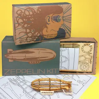 Miniature-sized Zeppelin Wood Model Kit with laser-cut parts, instructions, and retro packaging by POTUS31.com