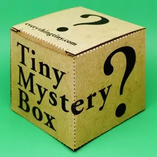 Tiny Mystery Box package 2.5" x 2.5" x 2.5" containing one unknown thing of a variety of unique items