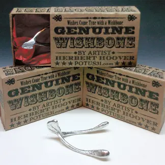 Life-sized Wishbone cast in pewter and polished to a matte luster in a retro gift box by POTUS31.com