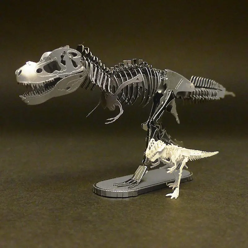 Assembled Metal Earth Tyrranosaurus Rex kit with Tinysaur True Rex miniature skeleton model for scale